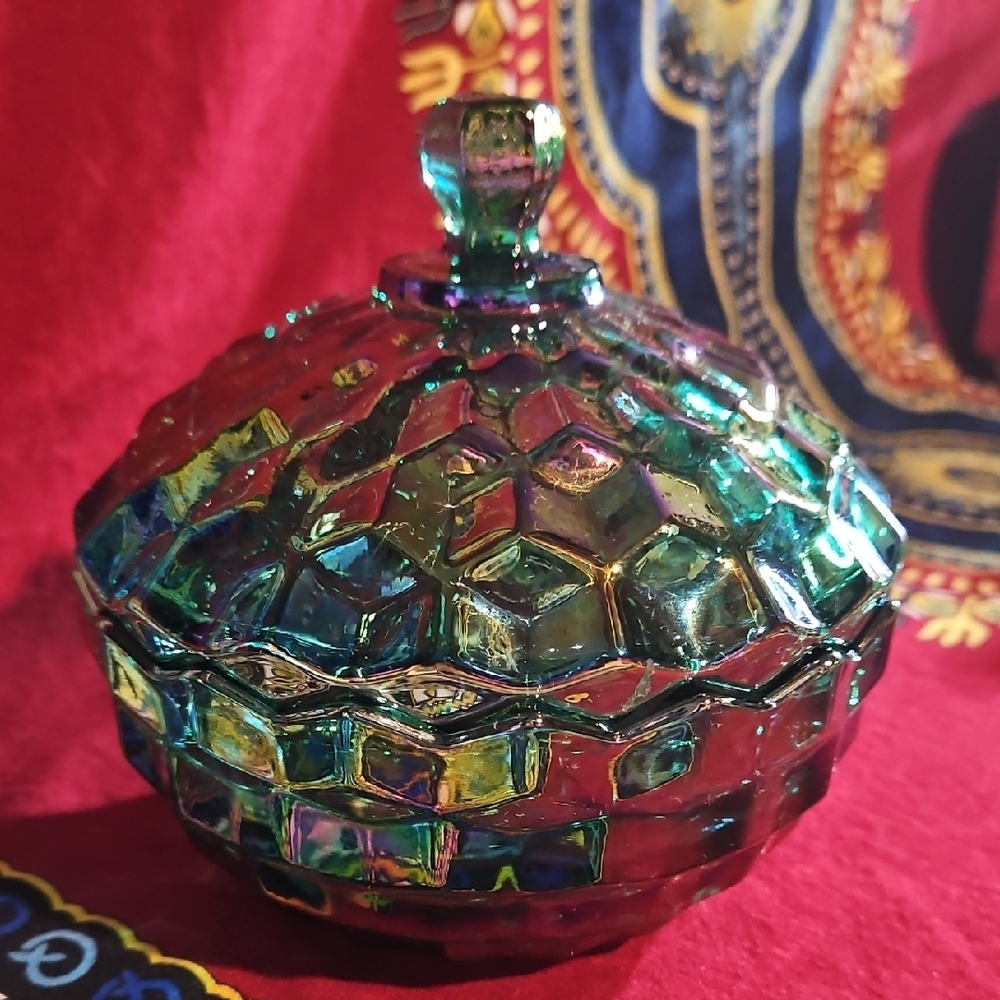 Indiana Glass Whitehall American Peacock Iridescent Carnival Cubist Covered Dish